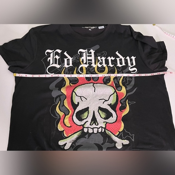 Ed Hardy Tee XL Flame Skull Y2K Rhinestone Double-Sided Black T- Shirt - Picture 7 of 10